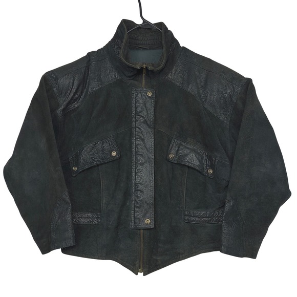 Learsi Genuine Leather Suede Snakeskin Detail Bomber Jacket Men Medium 46" Black - Picture 1 of 13